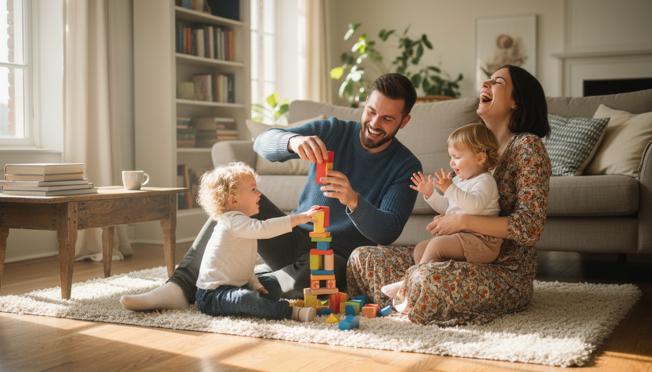 Une famille joue aux cubes sur le tapis du salon